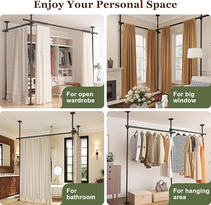 Goovilla Room Divider for Room Separation, Tension Curtain Rods No Drilling, 4-10ft(H) 28-70inch(W) Adjustable Temporary Privacy Wall Divider, Heavy Duty Freestanding Space Partition Separator, Black