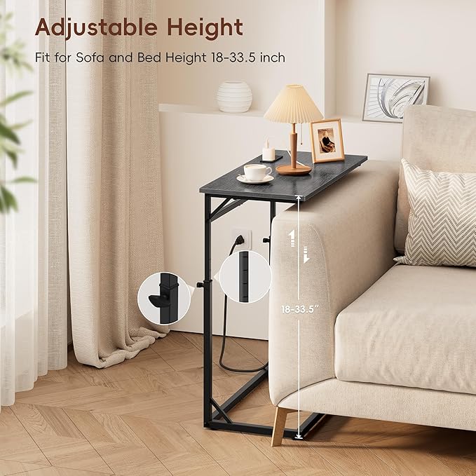 Vagusicc C Shaped End Table with Charging Station, Large C-Table End Table Adjustable Height Side Table for Couch, Sofa Table Slide Under Couch Table TV Tray Table for Living Room, Bedroom,Gray Walnut
