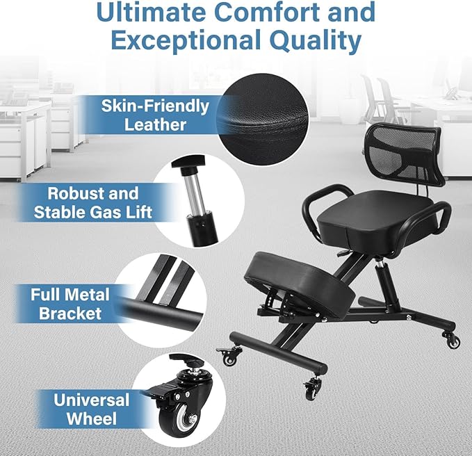 Ergonomic Kneeling Chair with Backrest, Kneeling Chair with Locking Wheels, Adjustable Height Kneeling Support Chairs, PU Computer Kneel Chairs for Living Room