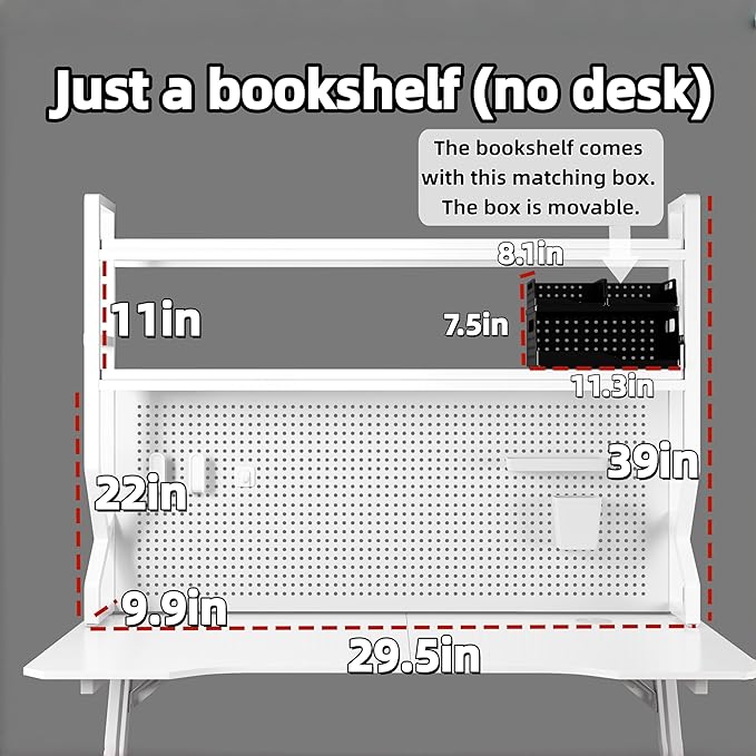 Desktop Hutch Bookshelf,Many Gifts,Metal Desktop Bookcase with pegboard, Desk Shelf White, Countertop Storage Organizer Rack for Dorm or Office,Desktop Shelves(White, 29.5" Lx9.9 Wx39 H)