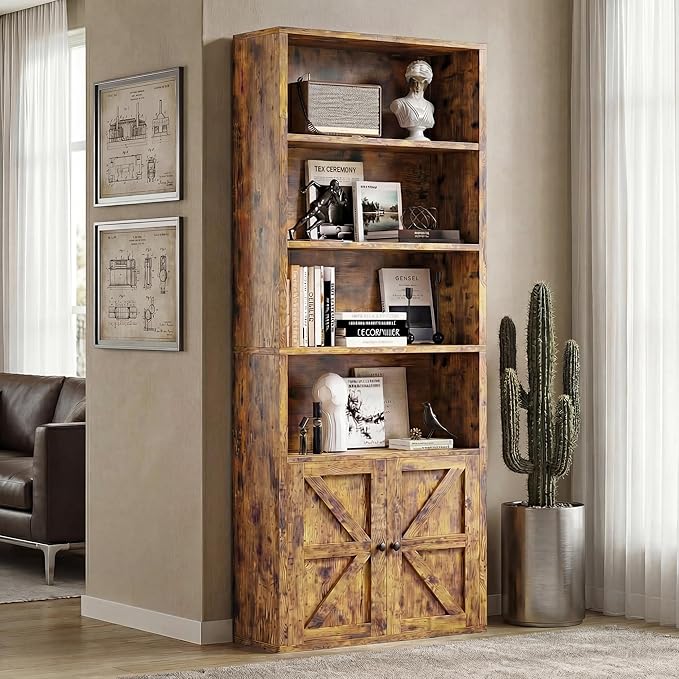71.5" Tall Farmhouse Bookshelf, 6-Tier Bookcase with Cabinet Doors, Tall Display Shelves with Storage for Home Office, Living Room