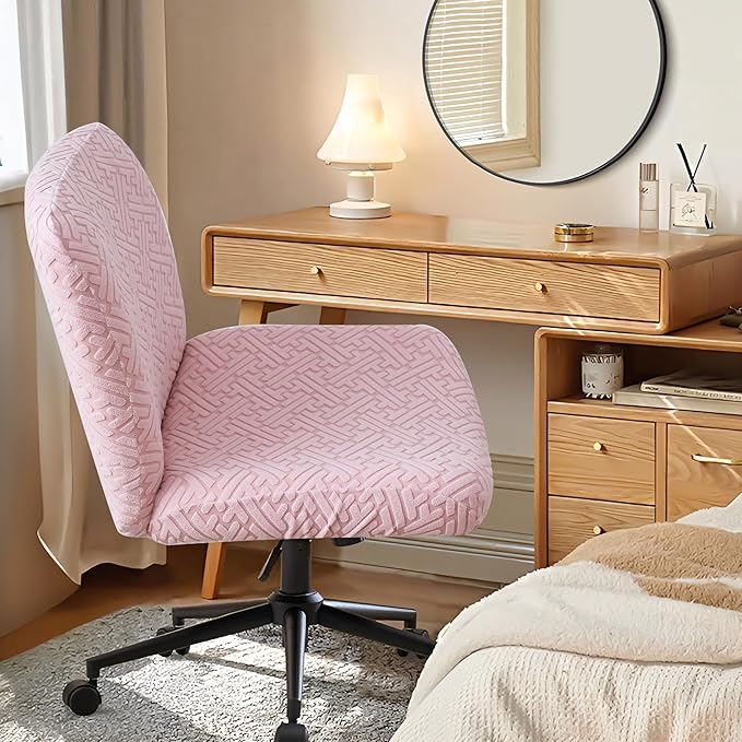 Criss Cross Chair Cover Pink Stretch Armless Vanity Chair Slipcover 1 Piece Mid-Back Wide Office Crisscross Chair Cover Washable