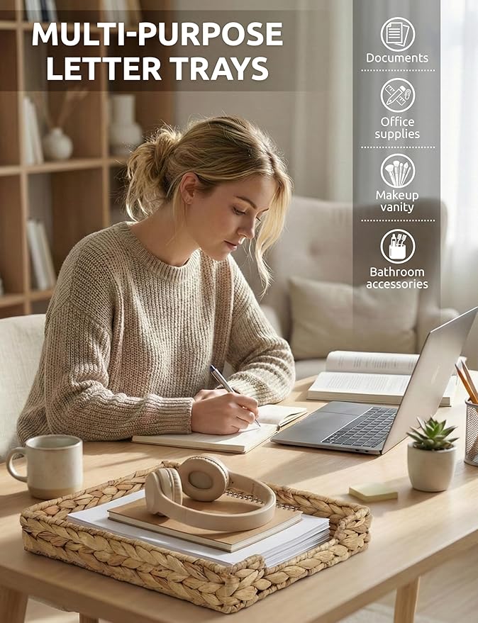 Demigo Water Hyacinth Letter Tray - Desk Organizer & Paper Basket for Mail, A4 File - Sturdy Woven Storage, File Holder with Metal Frame, Rustic Boho Office Decor & Magazine Sorter