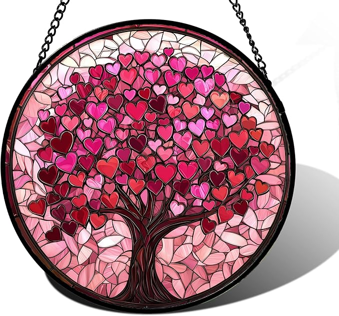 Stained Glass Window Hanging, Birthday Gifts for Women Mom Grandma Nana Wife Couple, Pink Love Tree Suncatcher for Doors Window Home Sun Catchers Gifts Decor 7.8 in