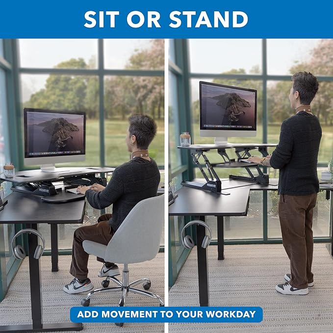 Mount-It! Corner Standing Desk Converter Height Adjustable 43” Wide Desktop, Corner Stand Up Desk with Gas Spring Lift Asssit, Stand Up Computer Workstation with Ergonomic Keyboard Tray | Black