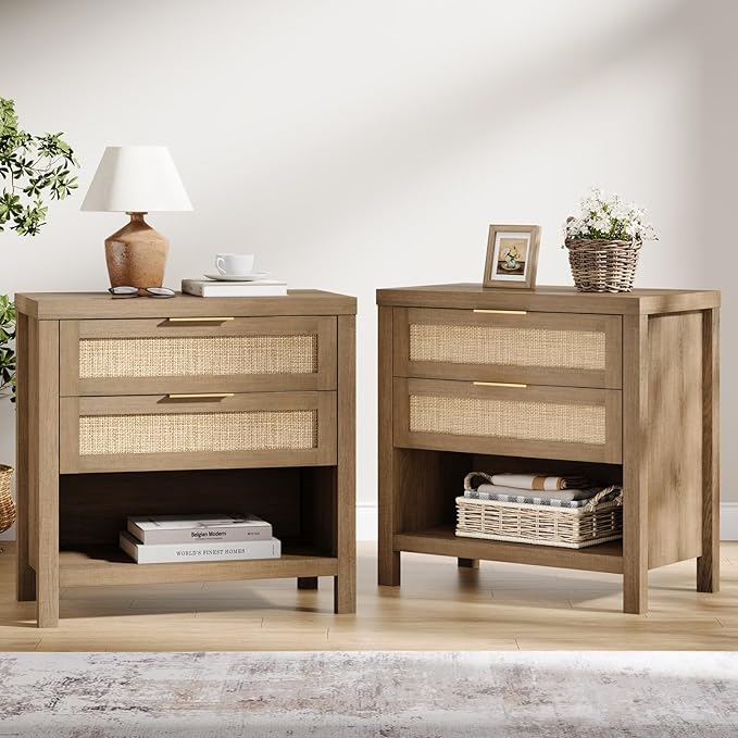Eclatara Rattan Nightstands Set of 2, Farmhouse Bedside Table with 2 Drawers and Storage Shelf, Rattan Boho Accent Night Stands for Bedroom Large Space Sofa (2, Reclaimed Caramel Oak)