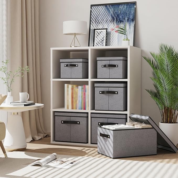 Storage Boxes with Lids, Decorative Linen Storage Bins for Shelves, Fabric Closet Organizer with Handles, Gray, 16.5 x 11.8 x 10.2 Inch, 3-Pack