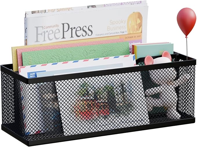 Mail Holder Countertop, Mail Organizer with 2 Slots, Mail Basket Wall Mounted Desktop Mail Sorter Letter Holder Box Envelope Organizer for Home Office, Black