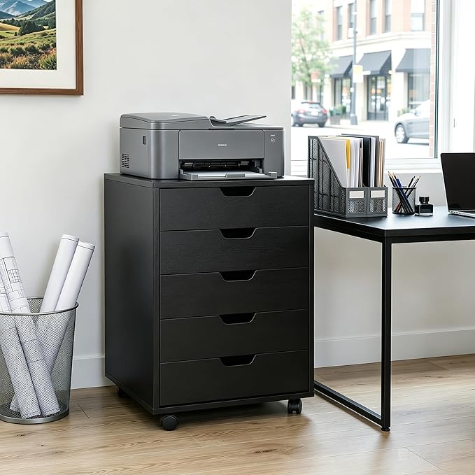 SUPER DEAL 5 Drawer File Cabinet for Home Office, Wood Under Desk Filing Cabinet Mobile Printer Stand Rolling Storage Organizer with Lockable Casters for Apartment Small Spaces, Black