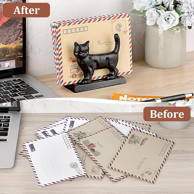 BTSKY Cast Iron Mail Organizer Countertop, Heavy Duty Desk Mail Holder for Letters & Documents, Vertical Envelope Sorter for Home Office, Bill Rack - Black, Cat Shape