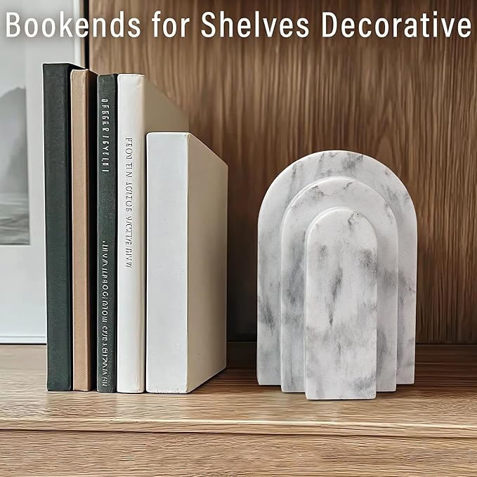 Heavy Duty Bookends for Shelves, 6.6 LBS Heavy Book Ends for Heavy Books, Decorative Modern Bookends with Faux Marble Look, Layered Arch Book Stopper for Bookshelf Holder Set of 2, Marble White