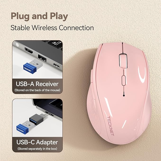 TECKNET Rechargeable Mouse with Jiggler, Plug & Play, 2.4G Connection with USB-C Adapter, Silent Mouse Quiet Click, 6400 DPI Ergonomic Mouse, Cordless Computer Mice for Laptop, Desktop, PC