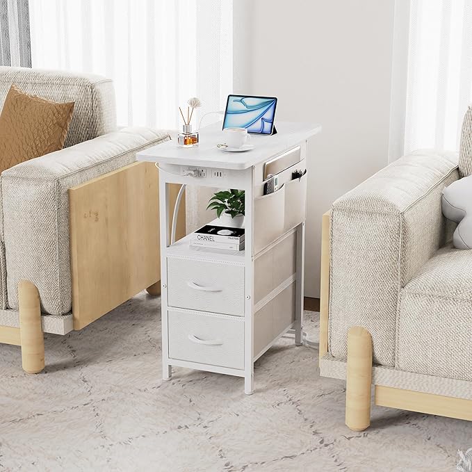 Yenlure Small Side Table with Charging Station, Narrow Nightstand Bedside Tables with Storage Pocket for Living Room Bedroom, Sofa End Table with USB Ports and Power Outlets for Small Spaces