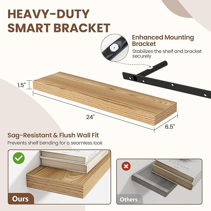 Acovy 24 Inch Floating Shelves for Wall 2 Pack, 24" Wall Shelves for Books, Storage, Decor, Wall Mounted Floating Shelf with Invisible Brackets for Kitchen, Living Room, Light Brown