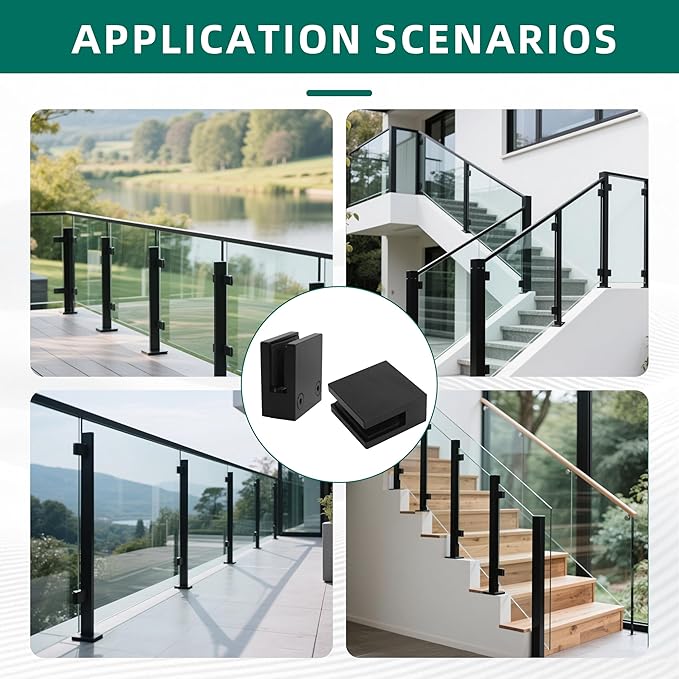 Black Glass Railing Clamp Adjustable Flat Shelf Bracket, for Thickness 3/8"-15/32"(10mm-12mm), 304 Stainless Steel Heavy Duty Square 55*55mm Glass Railing Balustrade Post Clip(20 Pack)