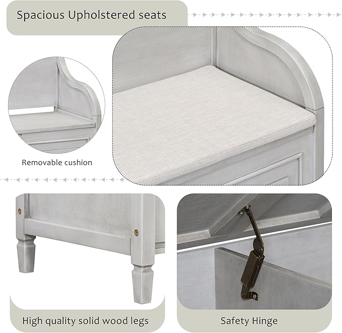 SOFTSEA 41.9" Storage Bench with Back, Entryway Shoe Bench with Cushion & Lift Top Storage, Rustic Shoe Storage Cabinet with Cushioned Seat for Entryway, Bedroom, Living Room (Grey Wash)