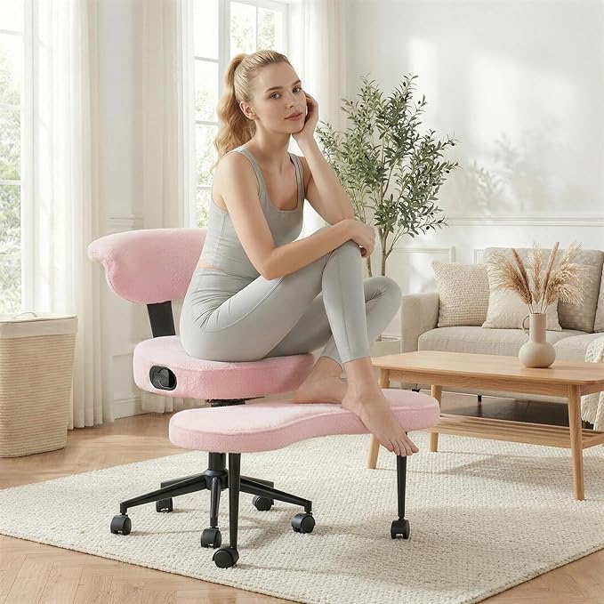 Garvee Ergonomic Cross Legged Office Chair with Lumbar Support, 360° Swivel Meditation Chair with Wheels - Adjustable Height for ADHD Desk & Yoga, Wide Criss Cross Chair, Kneeling Chair for Home, Pink