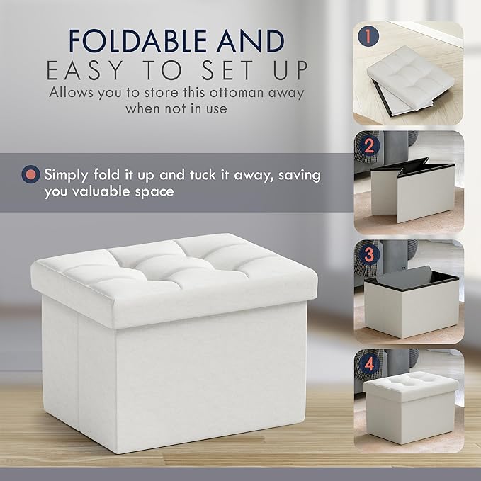 Ornavo Home Small Storage Ottoman, Set of 2, Foldable Collapsible Rectangle Linen Ottoman Foot Rest Stool Seat, for Living Room, Bedroom, Home Office, Dorm - 12 x 16 x 12, White