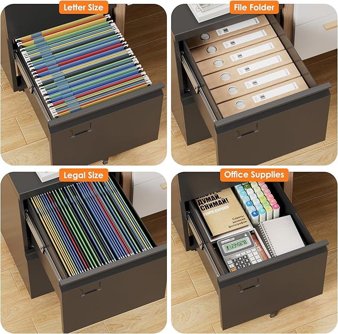 METAN 2 Drawer File Cabinet with Lock, Mobile Rolling Filing Cabinet for Home Office, Under Desk Metal File Cabinet for Letter/Legal/A4 Size with Name Card Slots, Black, Assembly Required