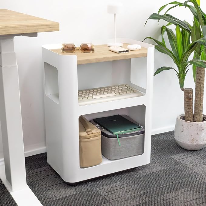 Desky Minimal Open Mobile Pedestal – 3-Tier Open Storage Cabinet with Hidden Swivel Casters and Integrated Cable Management, Black Frame/White