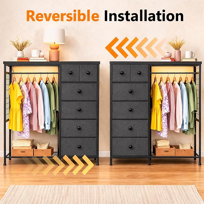 Simple Deluxe Storage Clothes Rack with 6 Drawers, Charging Station & LED Lights, Fabric Chest Shelves Clothing Rack, Wooden Portable Wardrobe Closet, 49.2" W x 15.7" D x 47.2" H, Gary