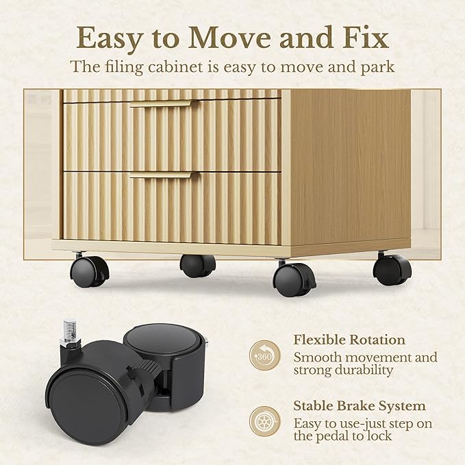 5 Drawer Chest, Under Desk Storage Wood Drawers with Wheels,Fluted File Cabinet for Home Office, Natural Walnut