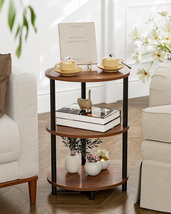 Round Pedestal End Table - 3-Tier Oval Accent Table for Small Spaces, Rustic Wood and Metal Couch Side Table, Nightstand for Bedroom or End Table Living Room, Easy to Assemble, Rustic Walnut