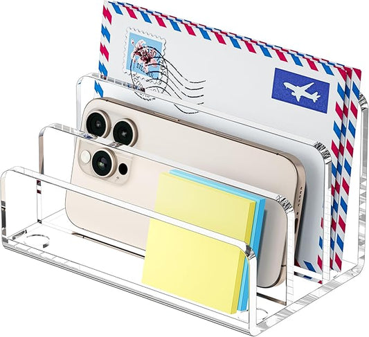 FUCDTEFC Mail Organizer Countertop, 3 Section Clear Acrylic Small File Holders Letter Organizer for Desk, Modern Filing Accessories for Document, Office, Home, School