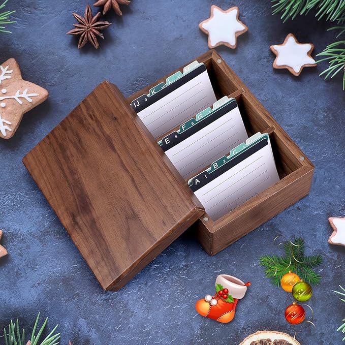 MaxGear Business Card Holder for Desk, 2.2" x 3.5" Walnut Wood Business Card Organizer, Index Cards Box Holds 300 Cards, 3 Divider Boards Includes A-Z Tabs, Desktop Organizers for Office & Home
