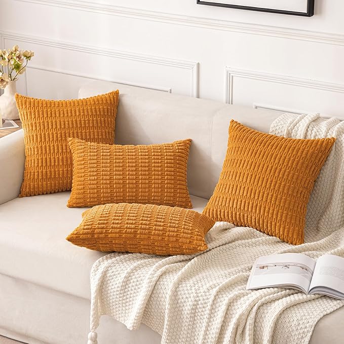 MIULEE Pack of 2 Burnt Orange Corduroy Decorative Pillow Covers 18x18 Inch Soft Boho Striped Throw Pillow Covers Modern Farmhouse Home Decor for Summer Sofa Living Room Couch Bed
