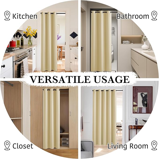 RYB HOME 100% Blackout Doorway Curtains, Closet Curtain for Open Closet, Privacy Room Divider Drape for Bedroom/Temporary Door, 1 Panel, W42 x L80, Beige