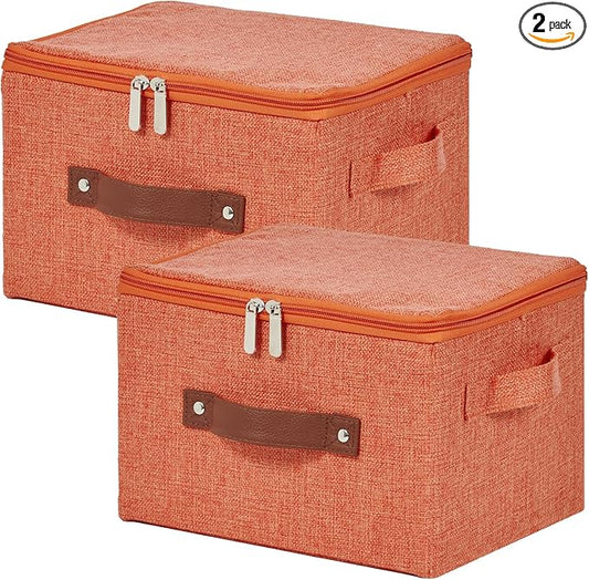 2 Pack Storage Bins with Zipper Lid Cotton Linen Fabric Lidded Storage Baskets Boxes Foldable Washable Closet Shelf Clothes Organizer Container with PU Leather Handles (Orange, Small)