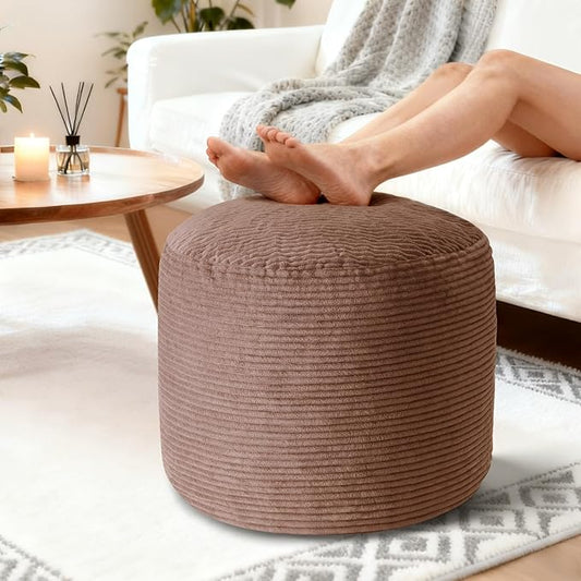 20" x 20" x 15" Pouf Ottoman Foot Rest, Pre-Stuffed Round Foot Stool with Odorless Shredded Memory Foam, Furry & Fluffy Corduroy Footrest for Living Room, Brown