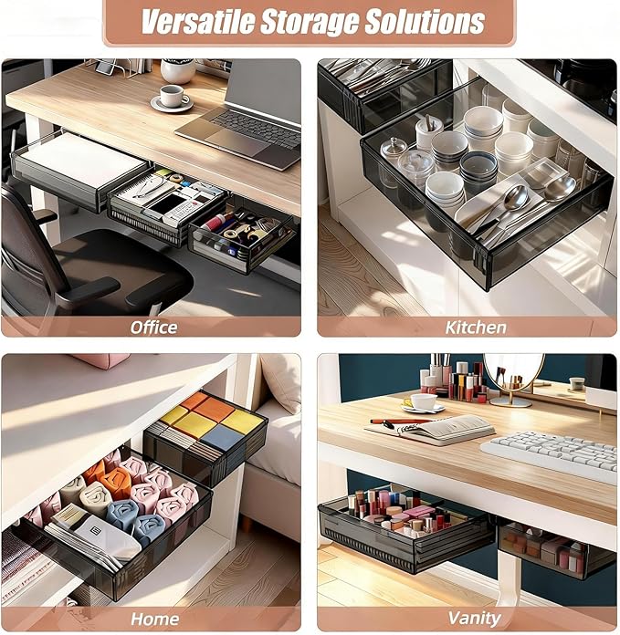 3 Pack Under Desk Drawer Slide Out Storage Organizer, Transparent Black Hidden Desktop Drawer Attachment with 3 Sizes (S/M/L), Adhesive or Screw-Mount Table Tray for iPads, Journals & Desk Accessories