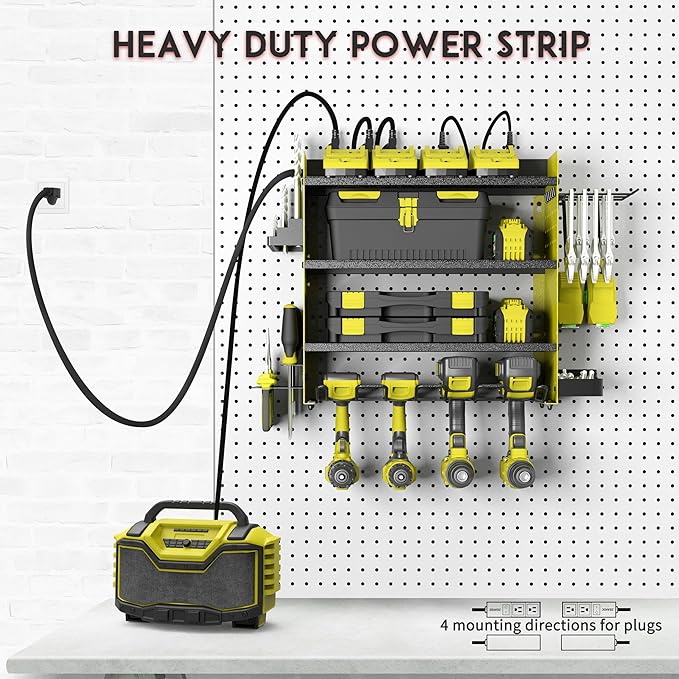 Power Tool Organizer with Charging Station, 4 Layers Drill Holder Wall Mount, Metal Garage Rack with 8 Outlet Power Strip, Tool Shelve Drill Bit Storage, Christmas Gift for Men Dad(Green&Black)