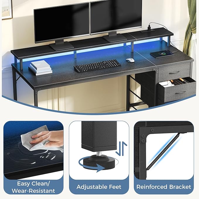 DUMOS Computer Desk with 4 Drawers,4 Drawer Gaming Desk with Power Outlets and LED Lights,Office Desk for Small Spaces with Monitor Shelf,Writing Desk for Home Office, Bedroom,Study 45 Inch Black