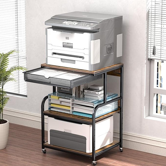 Large Printer Stand with Storage Shelf, Industrial Rolling Printer Cart Holder with Lockable Wheels, 5-Adjustable Heights, 3D Scanner Fax Printer Table for Home Office Use
