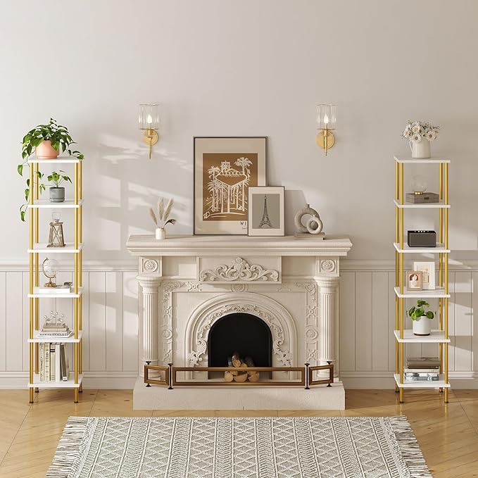 HOOBRO 6-Tier Corner Shelf, Corner Square Rack Display Shelf, Tall Storage Rack Plant Stand, Bookcase for Small Spaces, Living Room, Home Office, Kitchen, White and Gold DW55CJ01