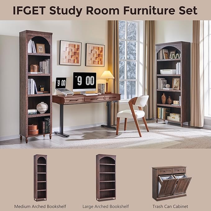 IFGET 76" Tall Arched Bookcase, Farmhouse 5 Tiers Narrow Arched Bookshelf Cabinet with Adjustable Shelves, Modern Wooden Book Shelf w/Storage and Open Display Shelves for Living Room, Office-Brown