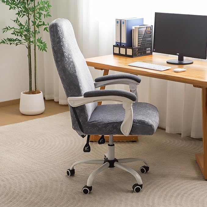 FORCHEER Large Office Chair Cover Velvet Embossing Dark Grey Stretch Slipcover for Desk Computer Chairs with Arm Removable Washable（ 1 Piece）