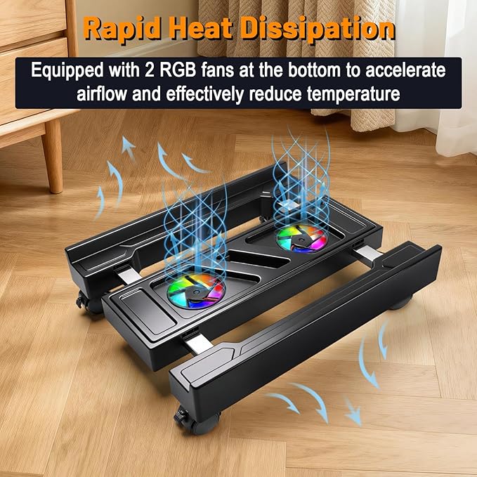 Tendak Adjustable Computer Tower Stand with Cooling Fan, Mobile CPU Holder Floor Stand with 4 Caster Wheels for Most PC Tower, Under Desk PC Holder for Office, Home and Classroom