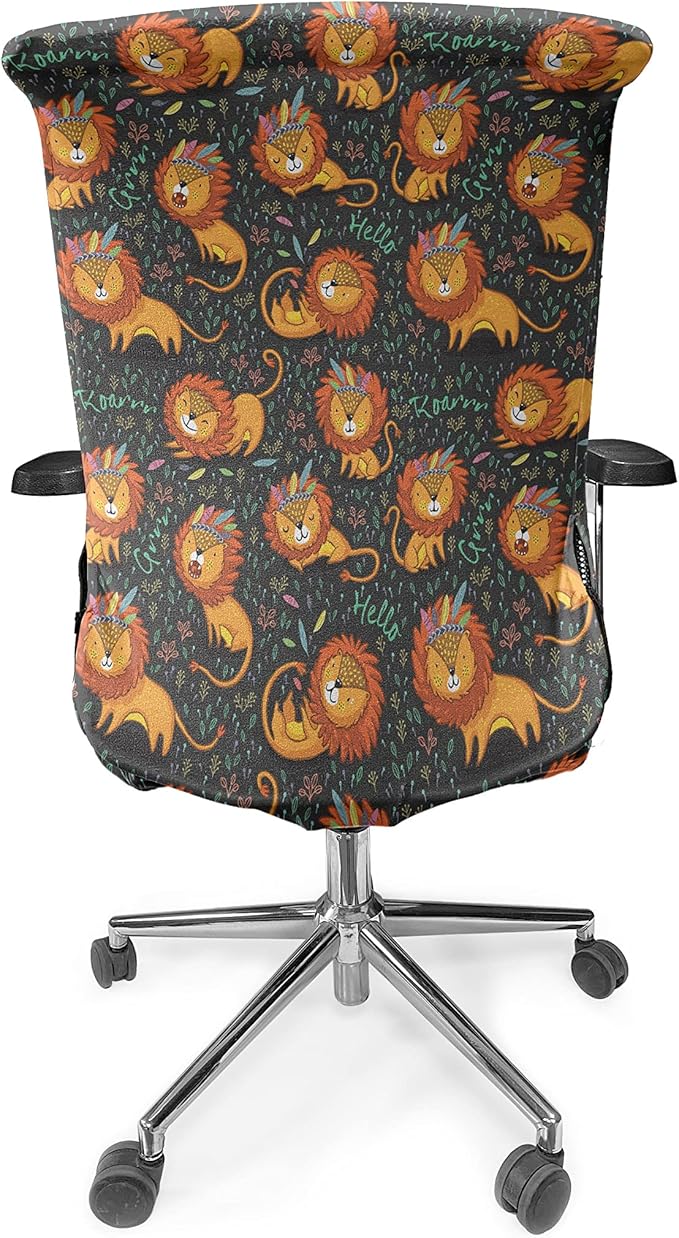 Ambesonne Cartoon Office Chair Cover, Lions Illustrations Tribal Theme Feathers and Floral Strokes King of The Jungle, Stretchable Decorative Universal Size High Back Printed Slipcover, Orange Black