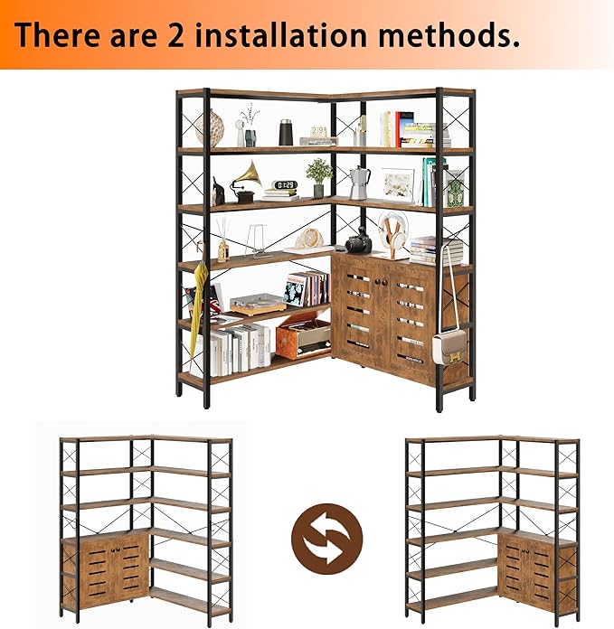 Wildhome 6-Shelf Corner Bookshelf, Vintage Industrial Corner Shelf Etagere Bookcase, Large Book Shelf with Metal Frame Open Storage Corner Cabinet (Brown-Lockers, Large)