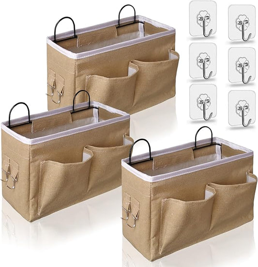 Kanrichu 3pcs Middle Wall Hanging Organizer Bag, Linen Fabric Door Hanging Storage Basket with Pockets, Waterproof Bin for Kitchen, Bedroom, Office, RV Camper (Khaki)