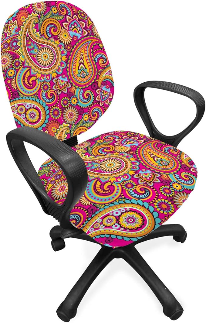 Ambesonne Paisley Office Chair Slipcover, Paisley Patterns Based on Traditional Eastern Pastel Design, Protective Stretch Decorative Fabric Cover, Standard Size, Pale Magenta