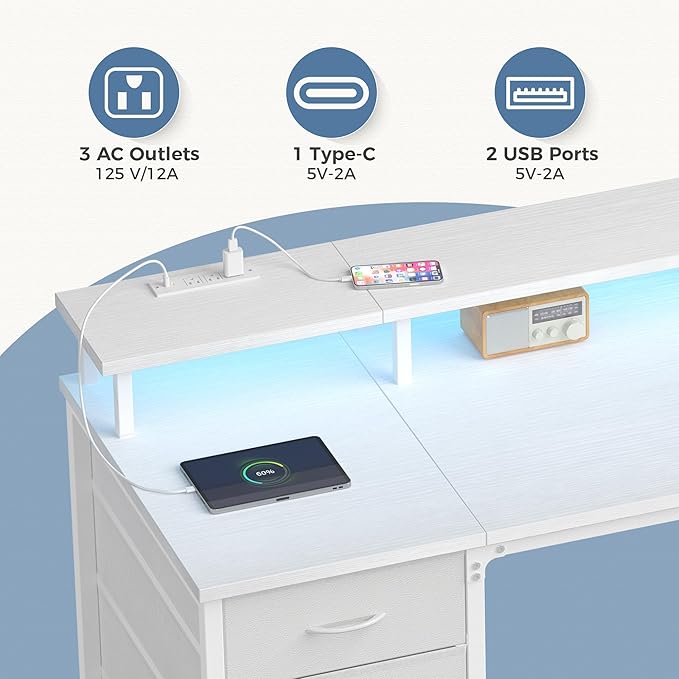 DUMOS 40 Inch Computer Desk with 4 Drawers,4 Drawer Gaming Desk with Power Outlets and LED Lights,Office Desk for Small Spaces with Monitor Shelf,Writing Desk for Home Office,Bedroom, Study,White
