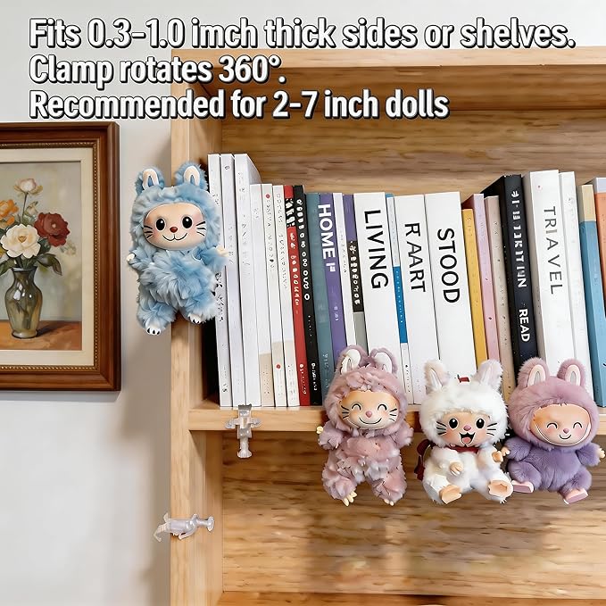 Floating Doll Holder compatible with POP MART Blind Box, Invisible Figure Display Clamp for Shelf Desk Edge, High-Resilience Resin S Type Fit 2-7" Small Dolls (4 Set, White) (Dolls Not Included)