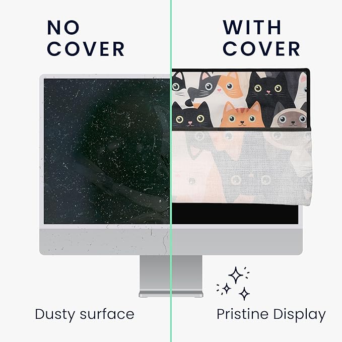 kwmobile Dust Cover for 31-32" Monitor - Linen Monitor Protector with Design - Cats Orange/Black/White