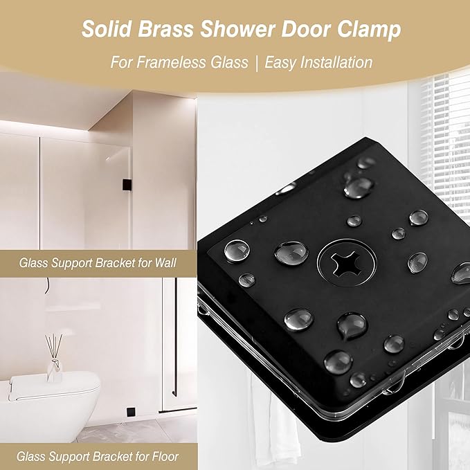 Glass Clamp for Frameless Shower Door, Solid Brass Materials, for 5/16" to 1/2" (8-12mm) Glass, Wall or Floor Mount Fixed Clips Hardware Kit, Matte Black