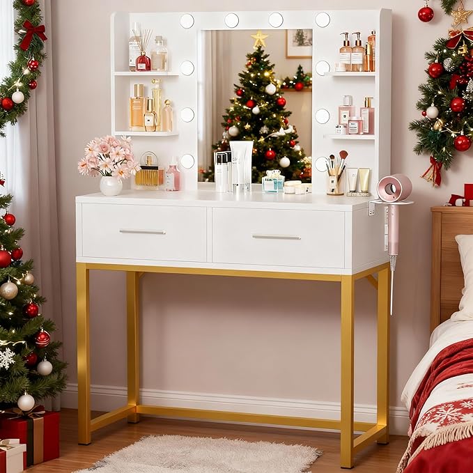 YESHOMY Vanity Desk with Mirror, Makeup Table with 2 Large Drawers, Power Outlet and Round Holder, 3 Color Modes Adjustable Bulb, White & Gold Frame